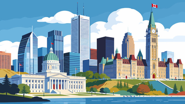 A vibrant illustration of the Canadian Parliament Buildings and Ottawa skyline, set against a bright blue sky with fluffy clouds.