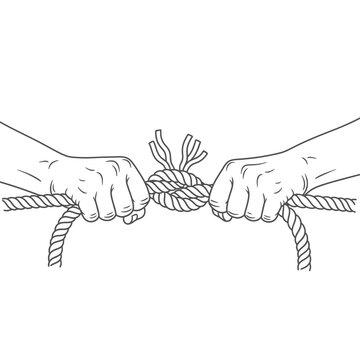 Two hands tying a rope knot.