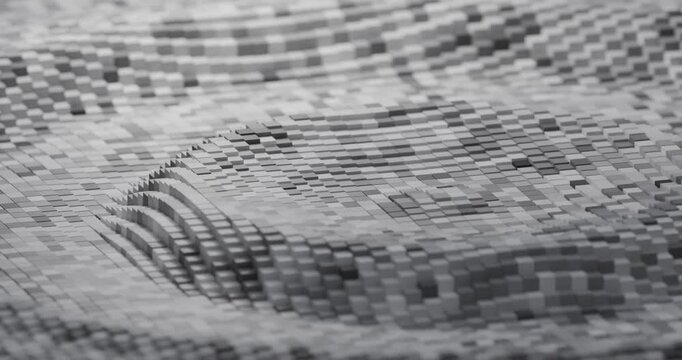 Grayscale voxel terrain abstract 3d digital topography looping 3d animation