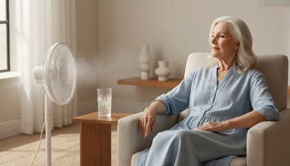 Fototapeta premium Elderly woman sitting near a fan at home during a hot summer day for a heatwave survival concept with a glass of ice water for cooling and hydration in a bright living room
