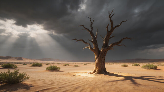 Desert tree with dramatic sky ideal for travel vlogs and eco-friendly campaigns