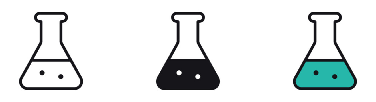 Laboratory flask icon set. Science experiment and chemistry research concept. Outline, glyph and colored style. Vector illustration.