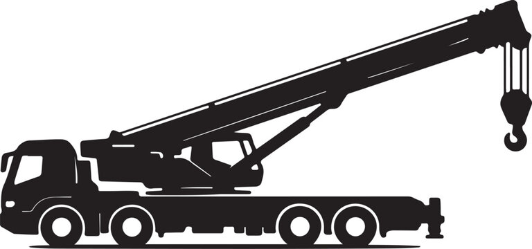 Silhouette of a mobile crane truck with extended boom and hook machinery construction