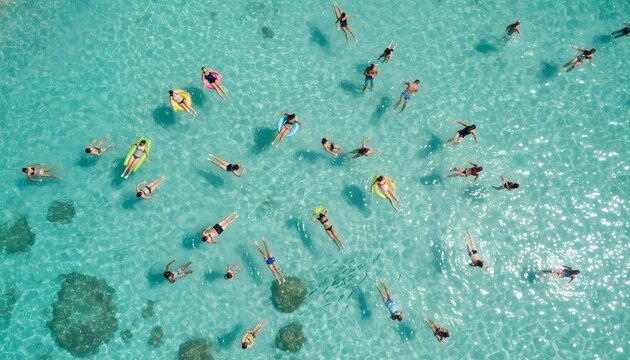 People swimming in the ocean during summer to escape the heat, showcasing a heatwave survival concept with colorful floats in clear turquoise water from a drone perspective