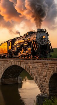 Vintage Steam Locomotive Crossing Stone Bridge at Golden Sunset