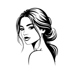 Logotipo de salón de belleza. Dibujo minimalista con líneas de la cara de una mujer con pelo recogido, vista de perfil  © teracreonte