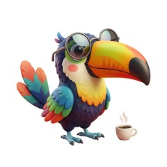 Fototapeta premium Vibrant toucan wearing sunglasses holding coffee cup bird cartoon