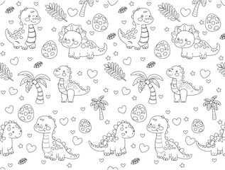 Cute dinosaurs: a seamless coloring page with palm trees, hearts, and eggs in black and white. © Anastasiia