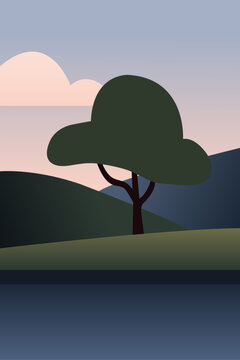 Logo agencia de viajes. Dibujo minimalista con siluetas de un paisaje con cerros, praderas y un &aacute;rbol a la orilla de un r&iacute;o, con una nube en el cielo al amanecer 