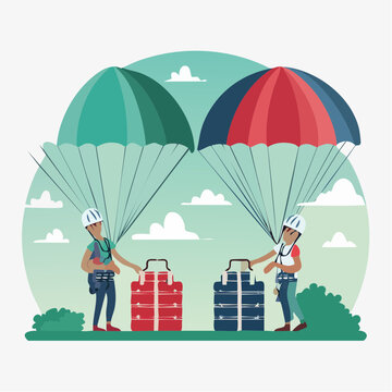 Two people with parachutes and cargo