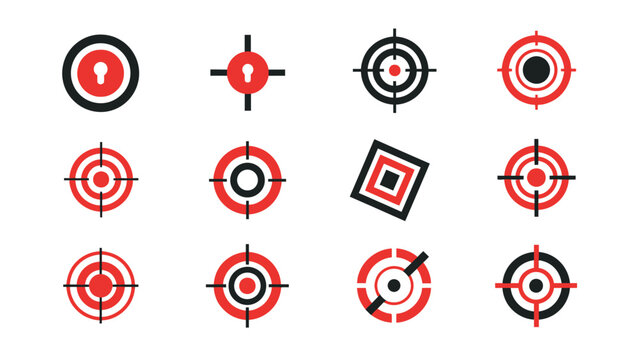 Set of target and crosshair icons for aiming and precision measurement in flat design.