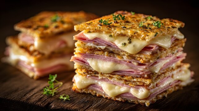 Stacked croque monsieur sandwiches with melted cheese and ham.
