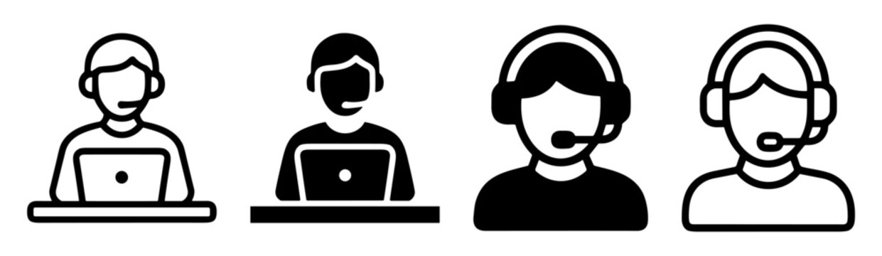 Customer support and call center vector icons with headset operators, laptop assistants and technical service symbols on transparent background