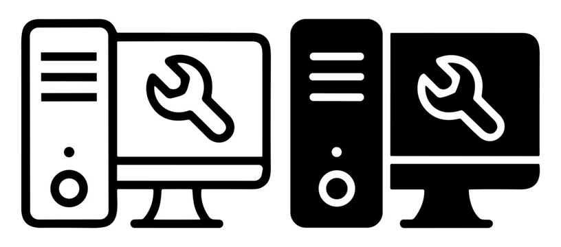 Computer repair and technical support vector icons with desktop maintenance and system service symbols on transparent background