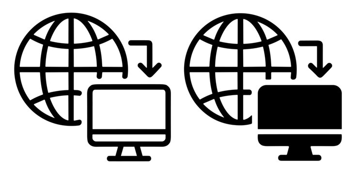 Global network and computer download vector icons with internet connection and data transfer symbols on transparent background