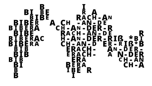 Typographic Map of the city Biberach an der Riss (Germany) with a pattern of capital letters that only show the name of the city