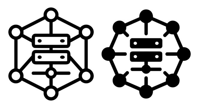Network server and database infrastructure vector icons with connected technology and data communication symbols on transparent background