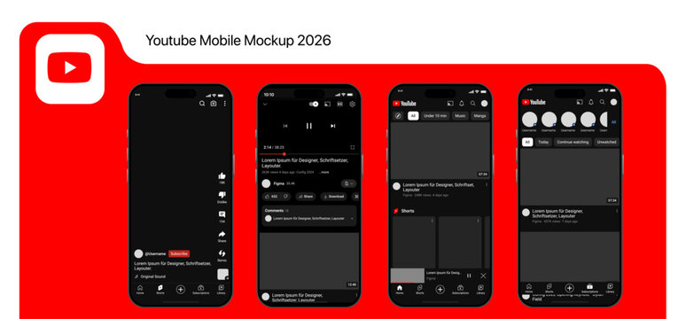 YouTube mobile app interface template shown on an Apple iPhone mockup, featuring mobile UI social speech bubbles. Editorial vector illustration. 2026.

