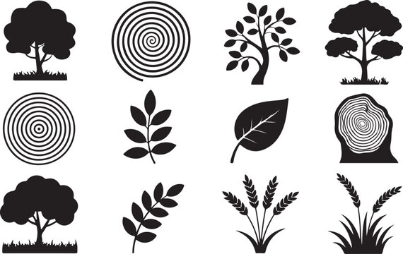 Nature elements collection, silhouette trees, leaves, branches, spiral and tree rings, wheat stalks.
