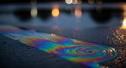 Fototapeta premium Abstract Oil Spill on Wet Asphalt with Rainbow Sheen and City Lights Reflection