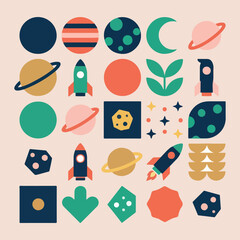 Outer space astronomy icons, colorful planet rocket set, cosmic galaxy explorer graphics, astronaut moon star stickers, planetary orbit science art, futuristic space mission icons, universe discovery  © Geetaroy