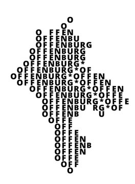 Typographic Map of the city Offenburg (Germany) with a pattern of capital letters that only show the name of the city