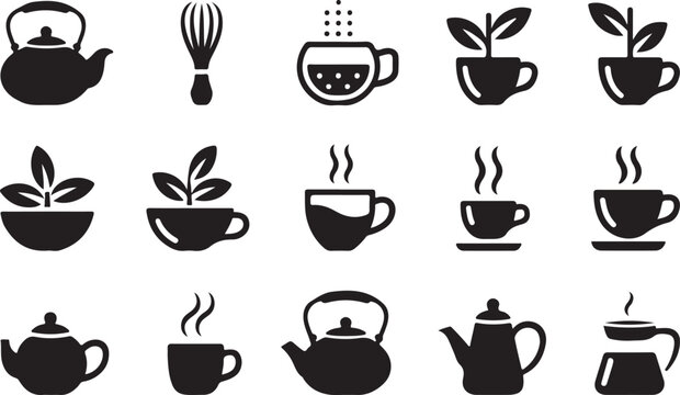 Icon collection of tea and coffee brewing equipment featuring teapots mugs and steaming beverage cups with tea leaf symbols.