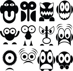 Fototapeta premium Funny cartoon faces, emoticon set, black icons, vector illustrations, facial expressions