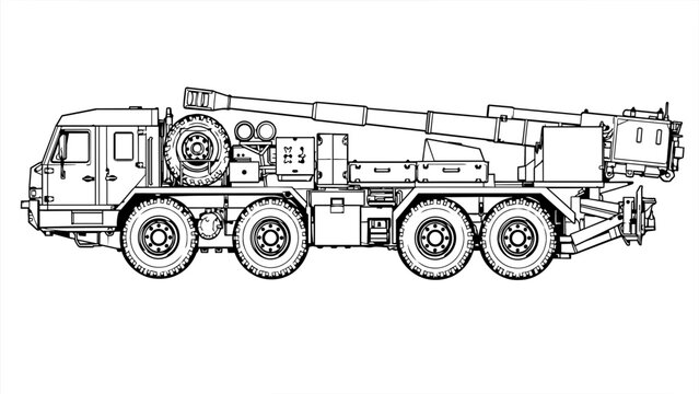 Truck-Mounted Self-Propelled Howitzer Artillery Technical Line Art Vector Illustration, Wheeled Military Gun System Blueprint Drawing