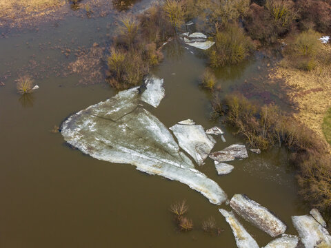 Aerial view of large ice floes drifting in flooded river waters surrounded by bare trees and dry meadows Kedainiai, Kaunas County, Lithuania.