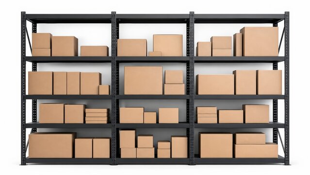 Industrial warehouse storage rack featuring organized rows of cardboard boxes on black heavy duty metal shelves against a clean white background