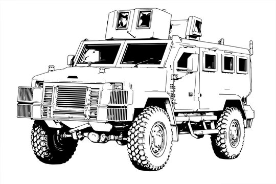Mine-Resistant Ambush Protected MRAP Armored Vehicle Technical Line Art Vector Illustration, Military Transport Blueprint Drawing