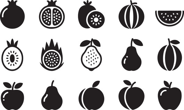 Fruit and berry vector collection containing pomegranate kiwi dragon fruit guava pear apple watermelon and peach silhouette icons.