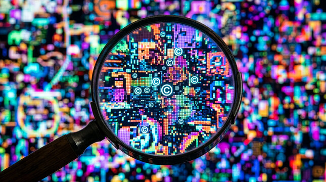 Magnifying glass over abstract digital data pattern showing intricate code structures and technological complexity