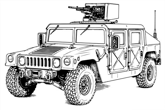 M1151 Humvee Armament Carrier with Remote Weapon Station Technical Line Art Vector Illustration, HMMWV Armored Car Blueprint Drawing
