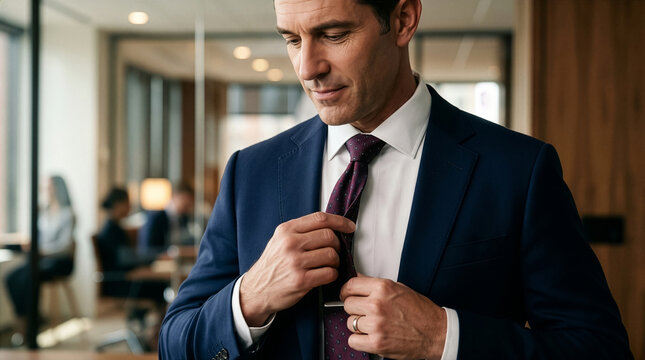 Thoughtful MiddleAged Man Adjusting Neckwear in a Bright Modern Corporate Environment
