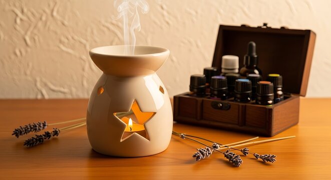 Glowing Ceramic Aromatherapy Diffuser with Essential Oil Bottles on Wooden Table