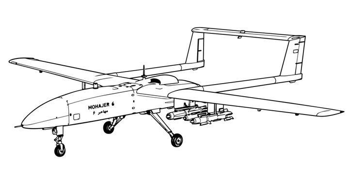 Mohajer-6 Unmanned Aerial Vehicle UAV Technical Line Art Vector Illustration, Intelligence and Surveillance Drone Aviation Blueprint Drawing