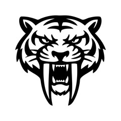 Logotipo con dibujo minimalista con líneas de la cabeza de un tigre dientes de sable, con la boca abierta enseñando los colmillos, visto de frente  © teracreonte