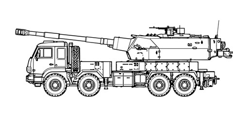 Truck-Mounted Self-Propelled Howitzer Artillery Technical Line Art Vector Illustration, Wheeled Military Gun System Blueprint Drawing © octavio