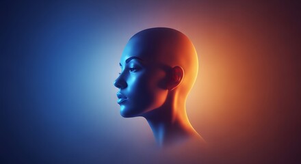 Obraz premium Ethereal portrait of a bald woman illuminated by blue and orange gradient light. Beauty and diversity in futurism. Person head shot surrounded by soft mist and colorful glow.