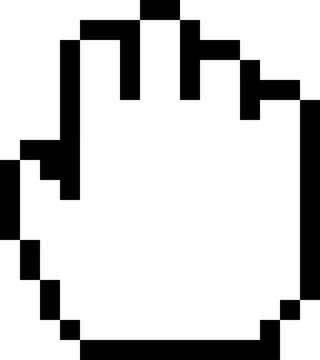 Pixelated hand cursor selecting or pointing on a white background, representing digital interaction