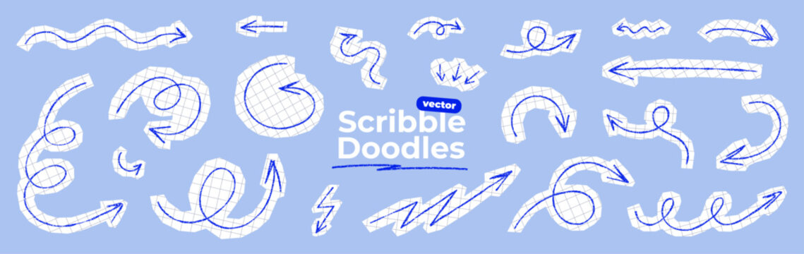 Blue pen arrows set on paper cut background. Hand drawn crayon scribble doodles. Curved and twisted thin arrows with pencil texture. Direction pointers. Vector illustration collection