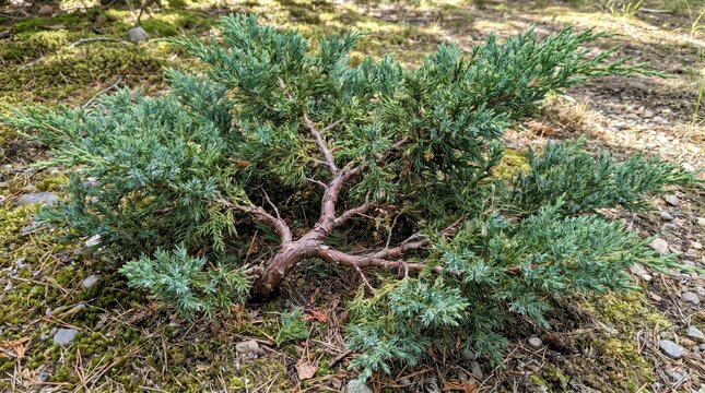 Close-up of a creeping juniper evergreen shrub with exposed branches on a mossy ground with pine needles and pebbles.
