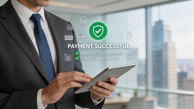 Businessman confirming successful payment transaction on tablet device, green checkmark indicating funds transferred and order confirmed, secure online banking and e-commerce