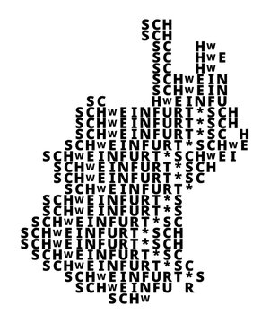 Typographic Map of the city Schweinfurt (Germany) with a pattern of capital letters that only show the name of the city