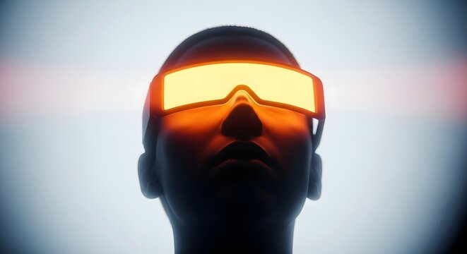 Silhouette of person wearing bright glowing yellow visor glasses. Virtual reality and futuristic eyewear. Man looking up towards white light with illuminated digital eyewear gear.