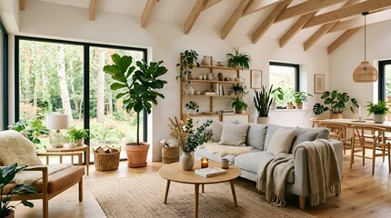 Fototapeta premium Cozy living room interior with plants, sofa, and natural light