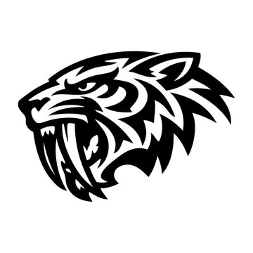 Logotipo con dibujo minimalista con l&iacute;neas estilo tribal de la cabeza de un tigre dientes de sable, con la boca abierta ense&ntilde;ando los colmillos, visto de perfil 