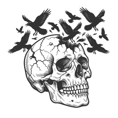 Naklejka premium cracked human skull with dark crows flying above in a gothic horror style sketch engraving generative ai fictional character raster illustration. Scratch board imitation. Black and white image.